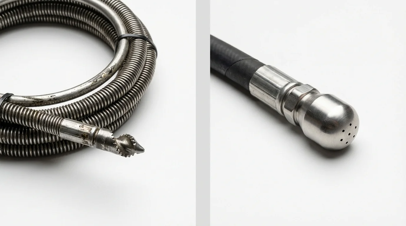 Drain snake cable and hydro jetting nozzle used for drain cleaning in Milton, WA