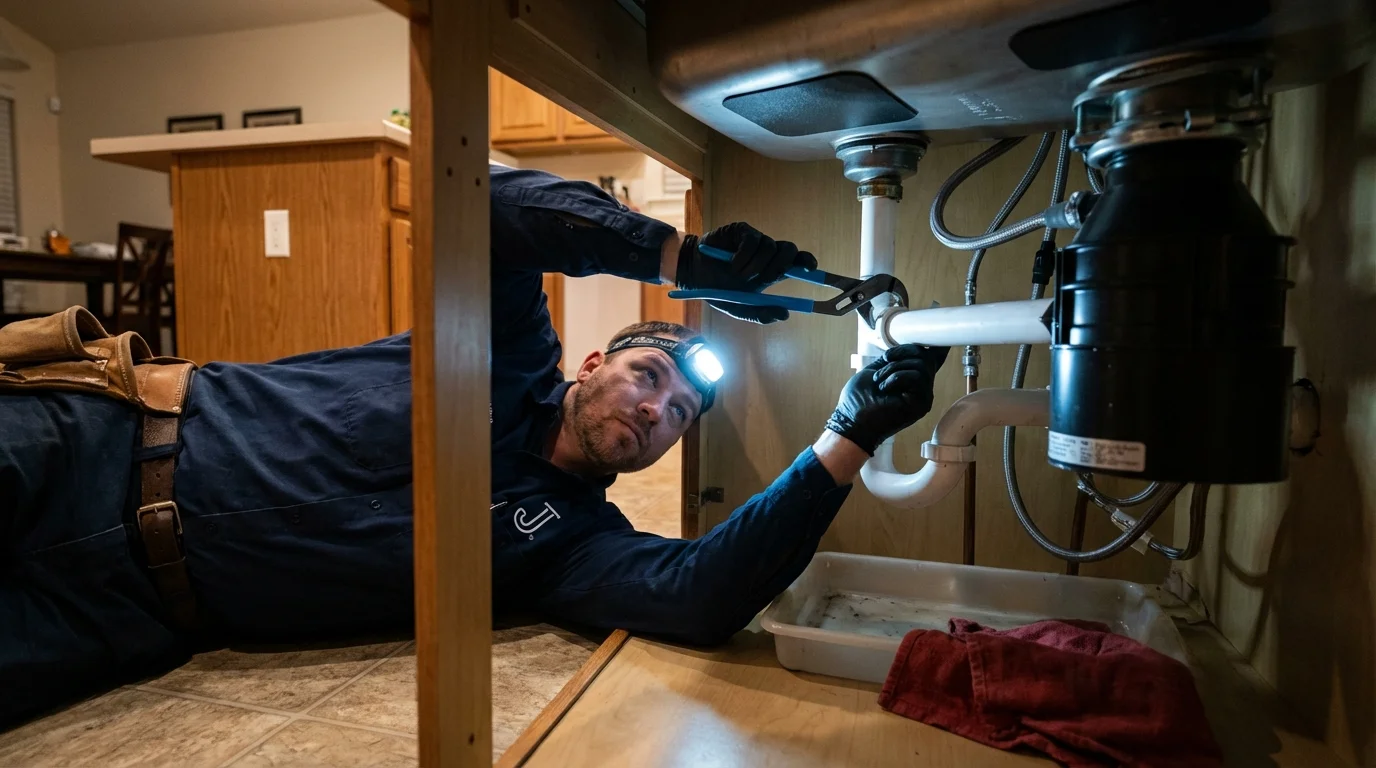 P-trap and supply line connections under a kitchen sink showing a common leak point in Milton, WA